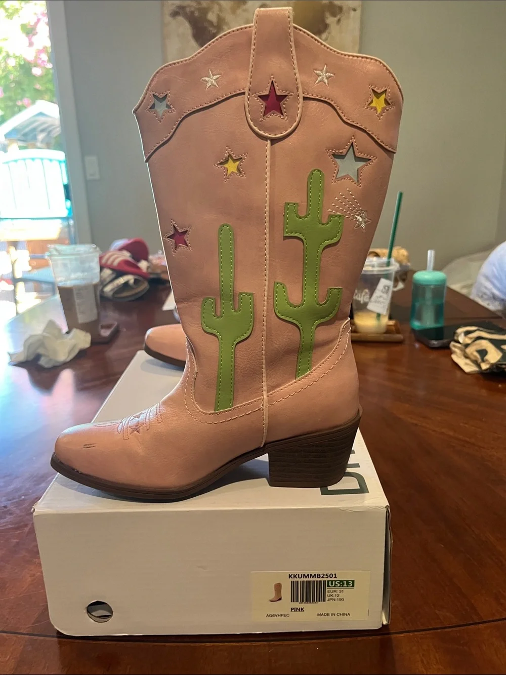 Dream Pairs Pink Kids Cowboy Boots with Green Cactus Appliqués